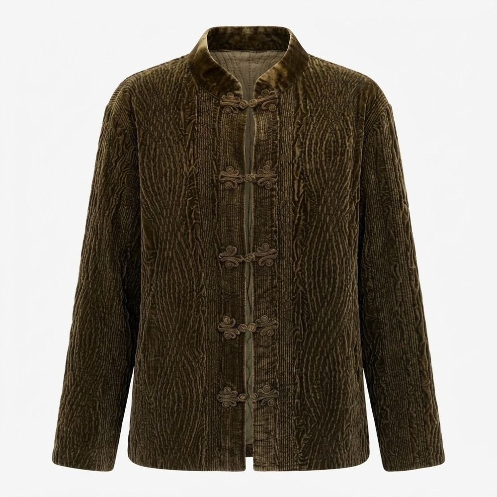 Tally Ho Olive Green Textured Velvet Frog Knot Jacket 2X Mandarin Collar - CJ